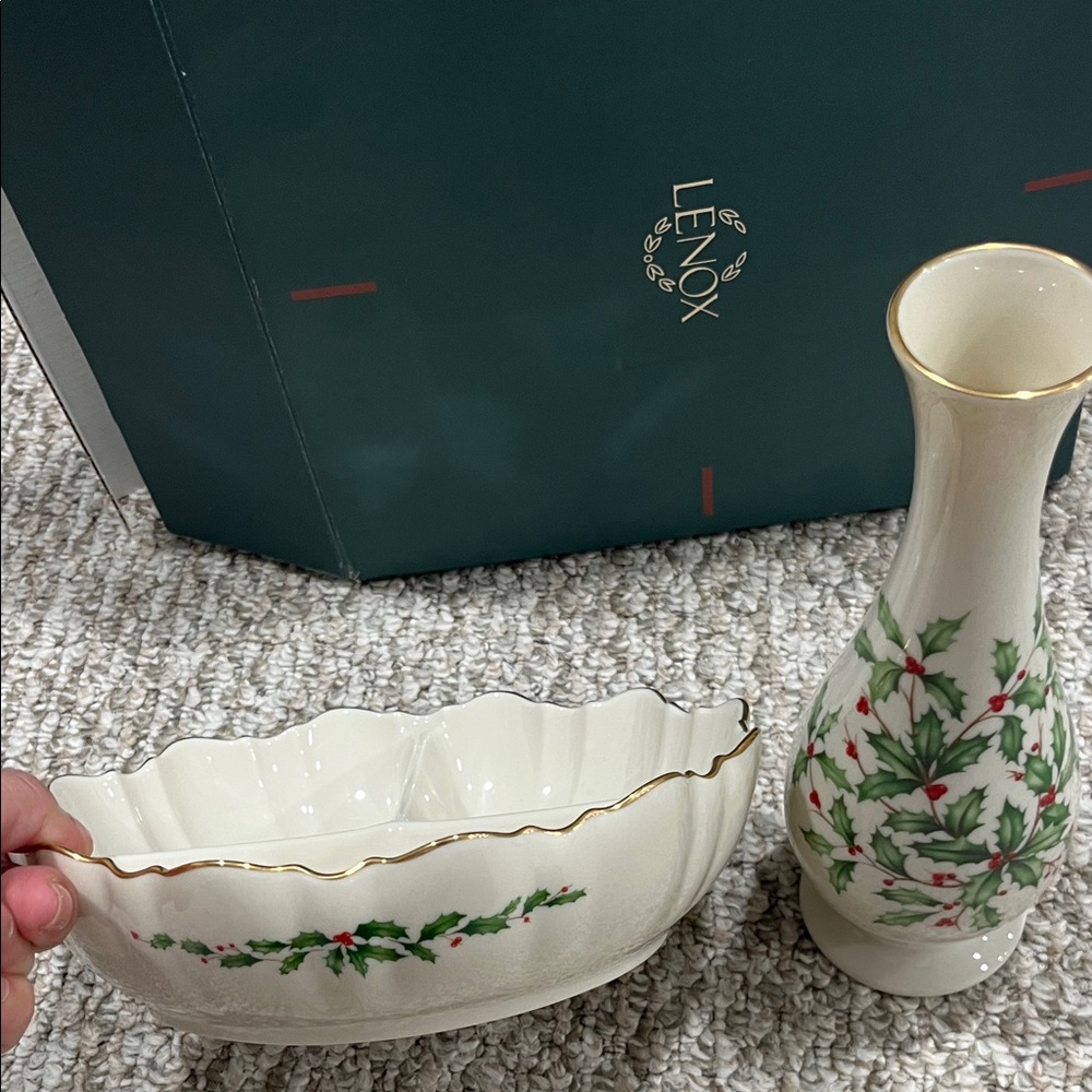 Lenox Holly Design Vase and Lenox candy Bowl with Gold Trim
